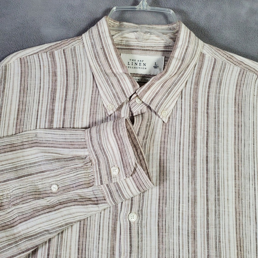 Abercrombie & Fitch Shirt Mens L Tan Striped Linen Button Up Coastal Earthy NEW